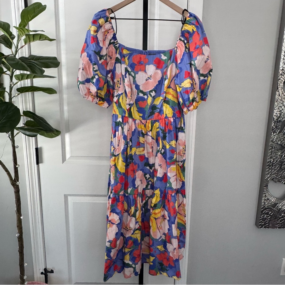 Vince Camuto Floral Puff Sleeve Midi Dress Blue Multicolor NWT Size 12